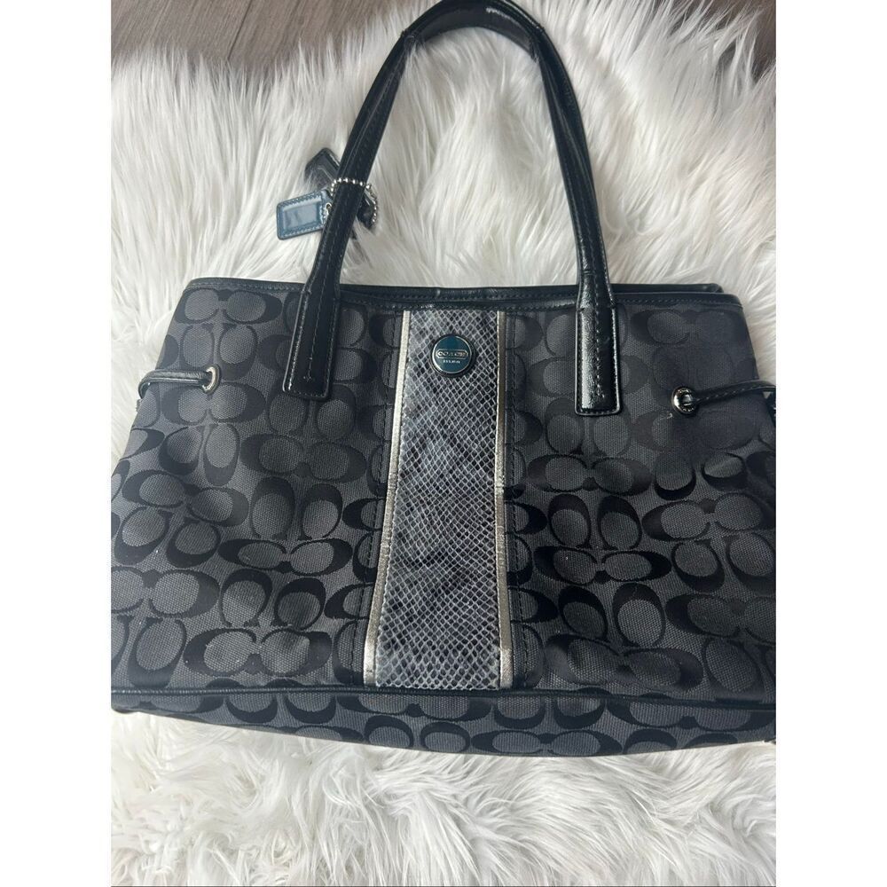 Coach Black Signature Python Stripe Carryall shoulder Bag 14x10x6 hobo